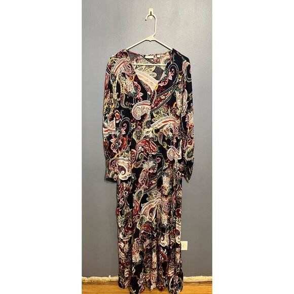 New York & Company Multi Color Paisley Long Sleeve Maxi Dress V Neck Size XL NWT - Picture 1 of 15